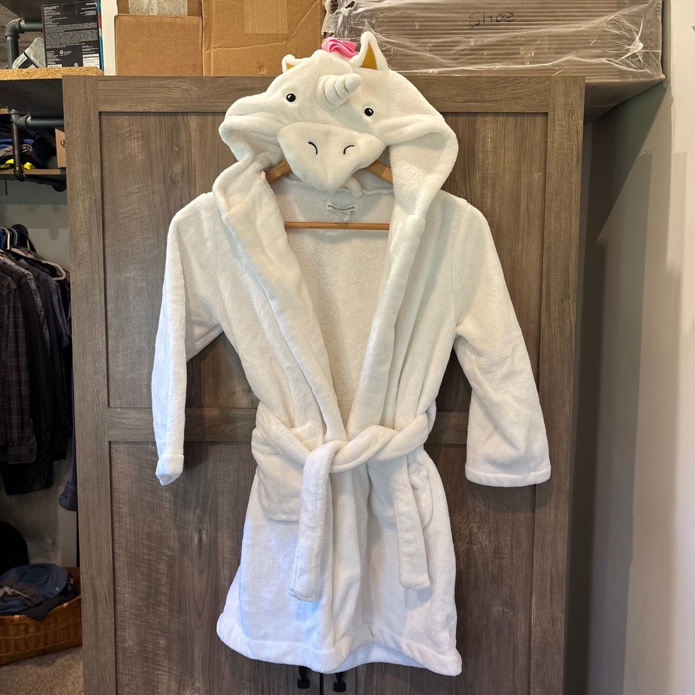 Pottery Barn Kids Unicorn Bath Robe White Plush Fleece Hooded Size 4-6